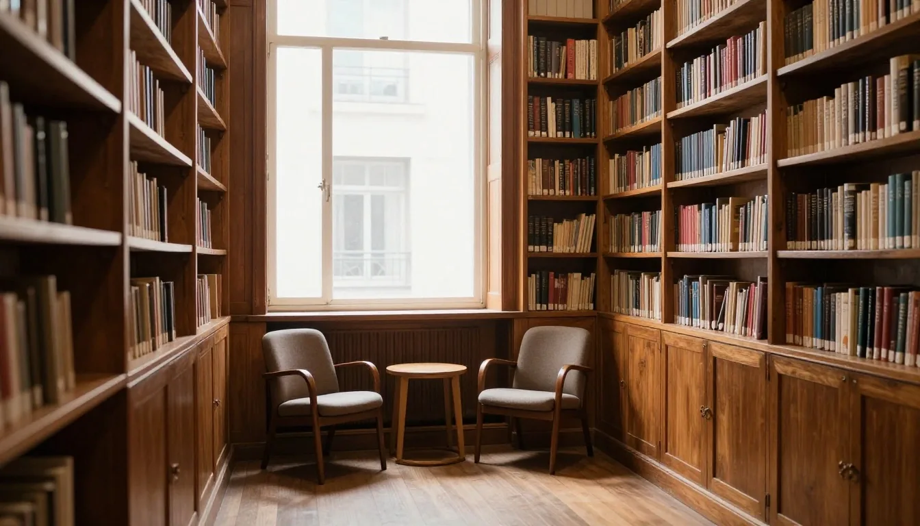 Materiales y carpetas de curso sobre mesa de biblioteca
