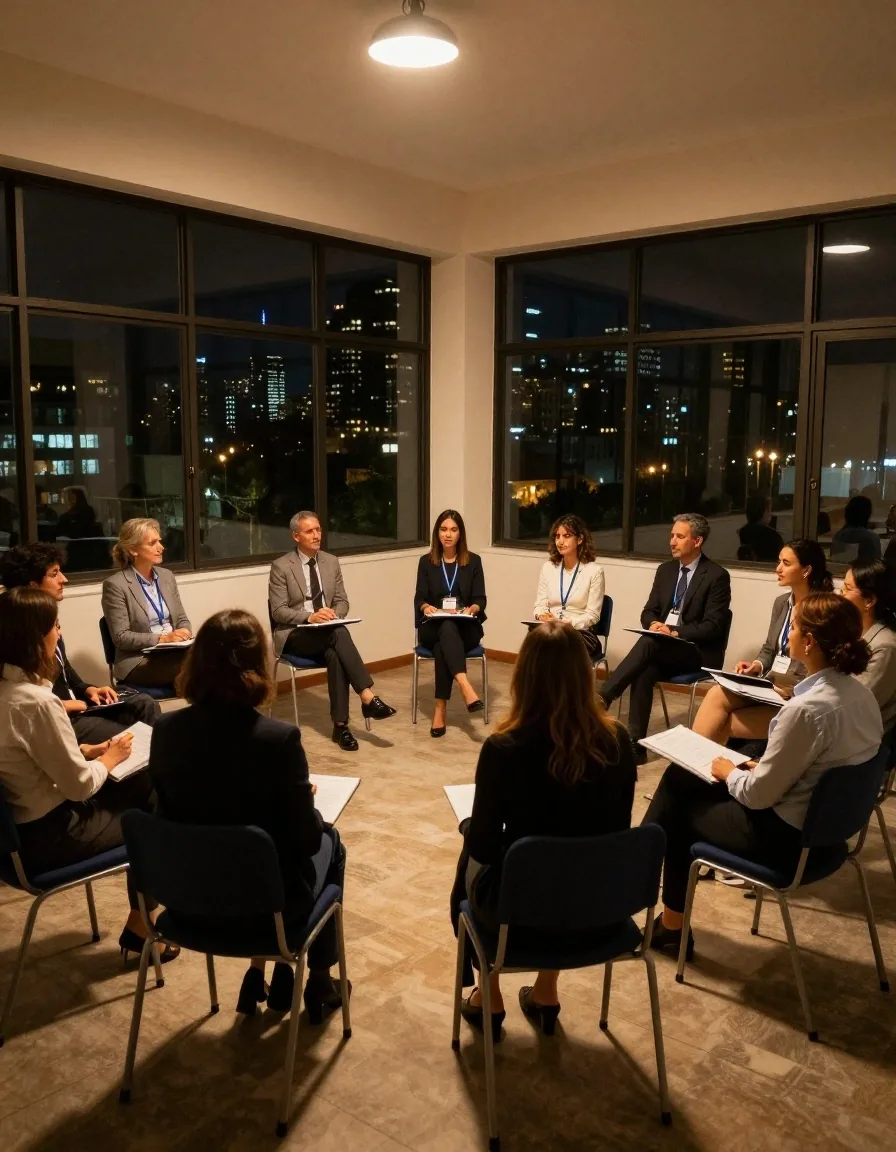 Grupo de profesionales en clase nocturna de inglés