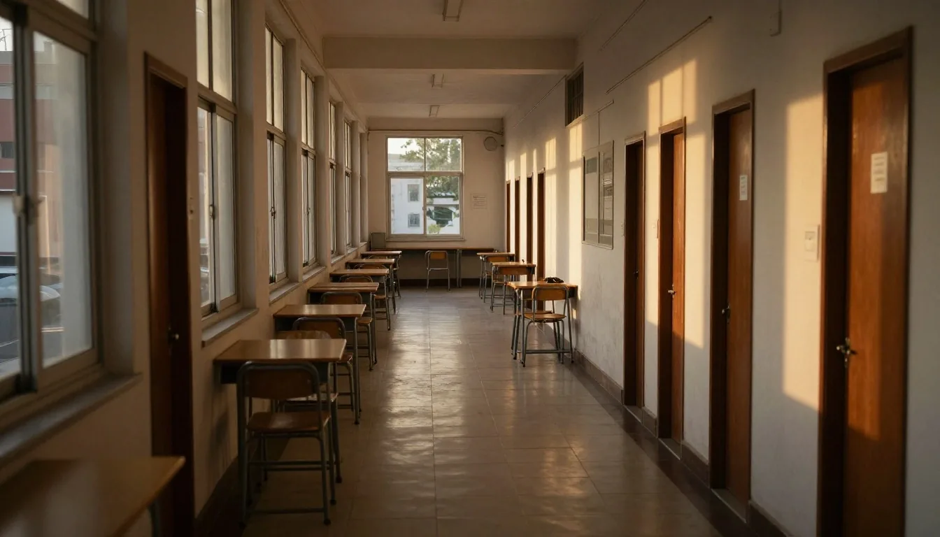 Aula vacía con luz lateral de tarde