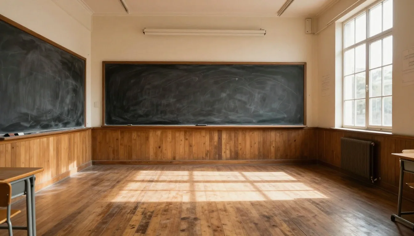 Panorama del aula con pizarrón y ventanas altas