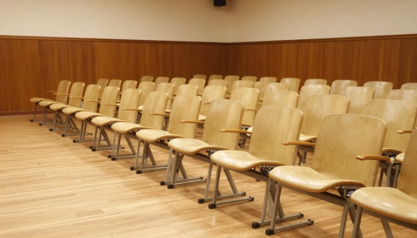 Panorama de aula vacía con luz dorada sobre los bancos