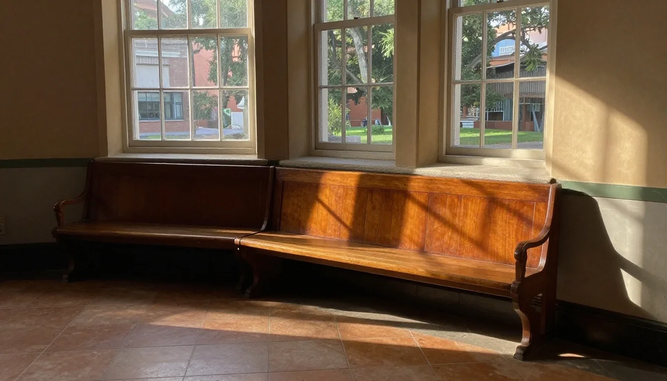Aula ordenada con luz lateral de tarde
